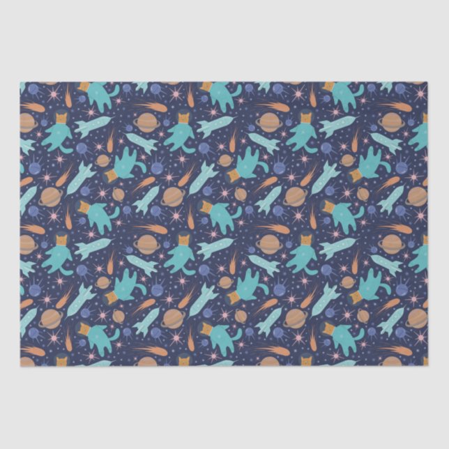 Papel De Seda Crianças Astronautas de Gato em Planetas Espaciais (Frente )