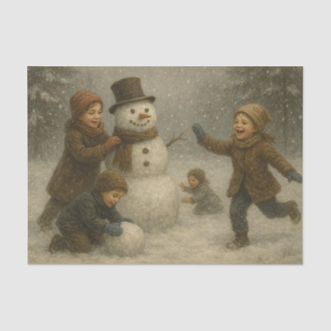 Papel De Seda Crianças Construindo um Boneco de Neve (Frente )