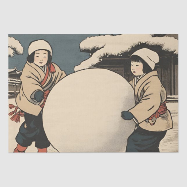 Papel De Seda Crianças japonesas rolando grandes bolas de neve (Frente )