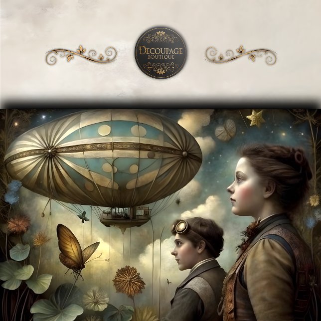 Papel De Seda Crianças Steampunk Decoupagem de Dirigible (Steampunk Children Airship Decoupage Tissue Paper)