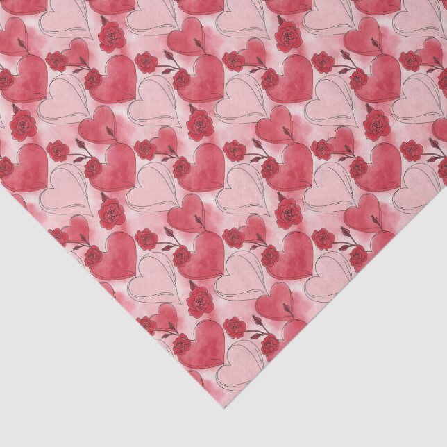 Papel De Seda Crimson Red and Blush Pink Hearts and Roses  (Detalhes)