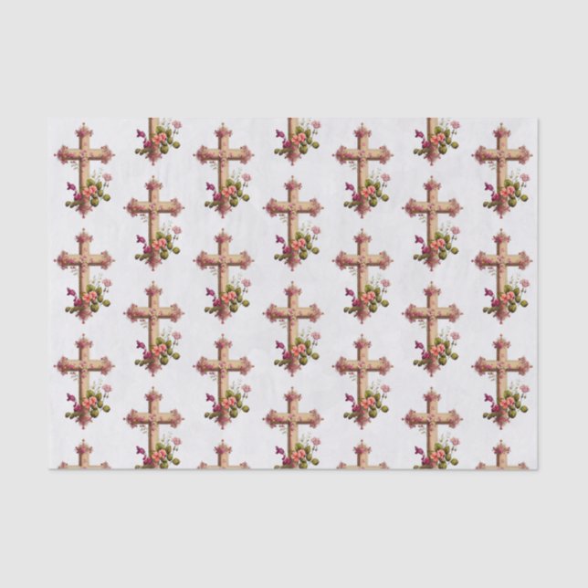 Papel De Seda Cruz Elegante de Madeira com Flores Rosa Patterada (Frente )