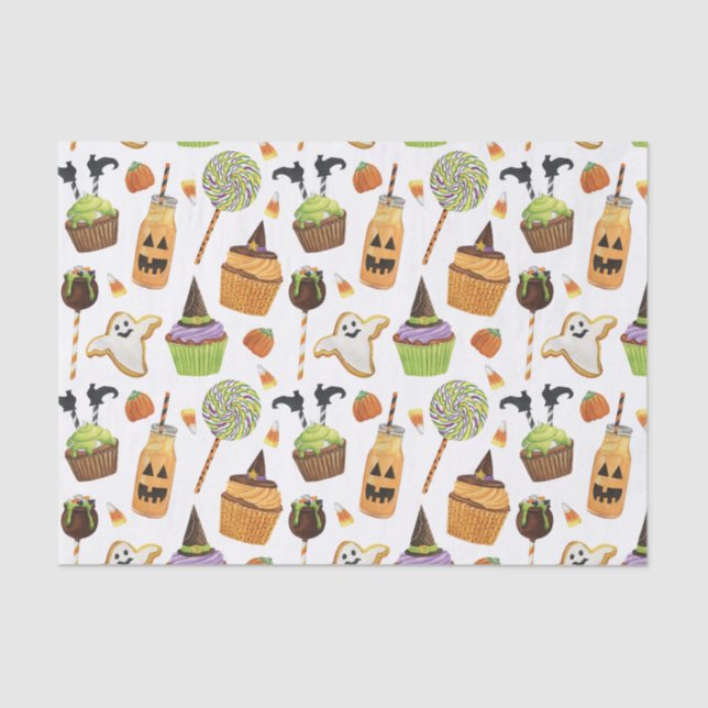 Papel De Seda Cupcakes de Halloween e Sweets de Aquarela (Frente )