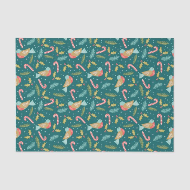 Papel De Seda Cute Abstract Christmas Bird w/ Candy Cane Pattern (Frente )