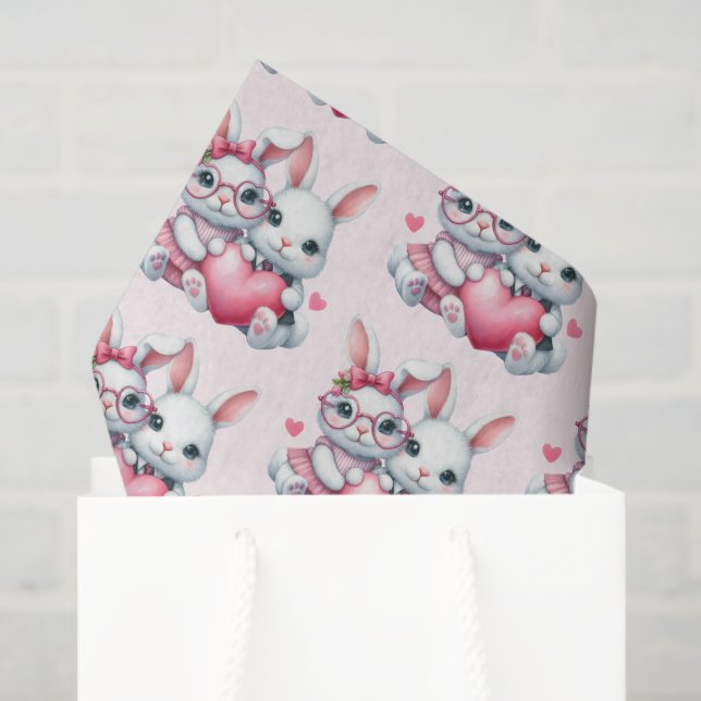 Papel De Seda Cute Bunnies Sharing a Heart Pattern (Sacola de presentes)
