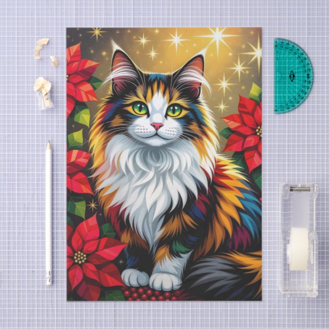 Papel De Seda Cute Calico Kitty Cat and Poinsettia Christmas (Arte )