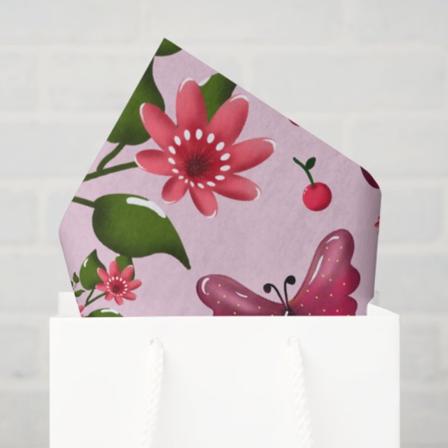Papel De Seda Cute Cherry Butterfly Pattern, Glossy Kawaii Fruit (Sacola de presentes)