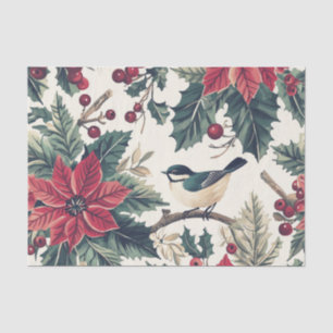 Papel De Seda Cute Chickadee em um ramo de azevinho com poinséti