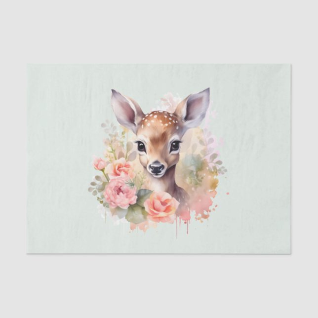 Papel De Seda Cute Deer Cercado Por Rosas (Frente )
