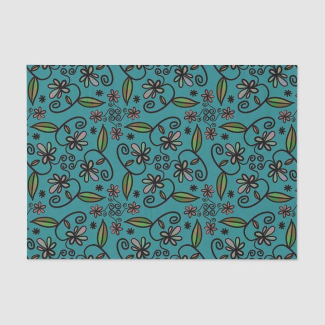 Papel De Seda Cute Floral Pattern Teal (Frente )