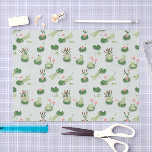 Papel De Seda Cute Frogs in Lily Pond (Arte )