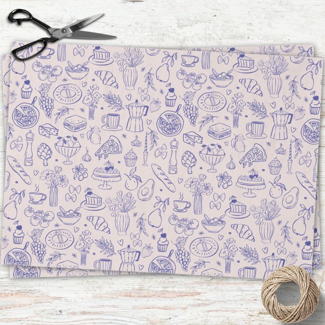 Papel De Seda Cute Hand Drawn Italian Food and Flowers Kitchen (In situ)