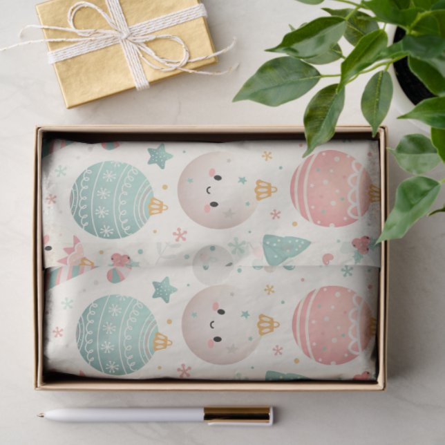 Papel De Seda Cute Pastel Christmas Pattern Ornaments and Stars (Presente)