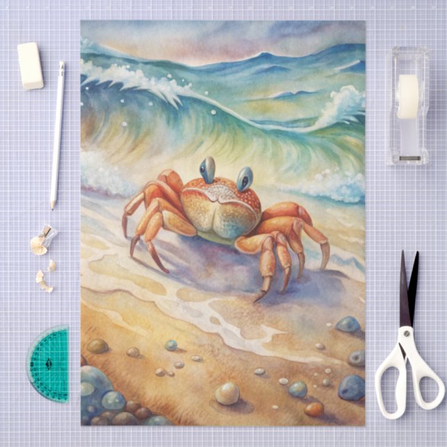 Papel De Seda Cute Watercolor Crab on Beach Decoupage (Arte )