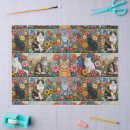 Papel De Seda Cute Whimsical Cats and Folk Art Flowers