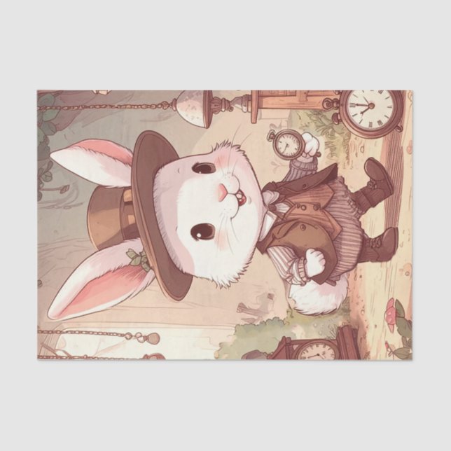 Papel De Seda Cute White Rabbit Wonderland Whimsical Timekeeper (Frente )