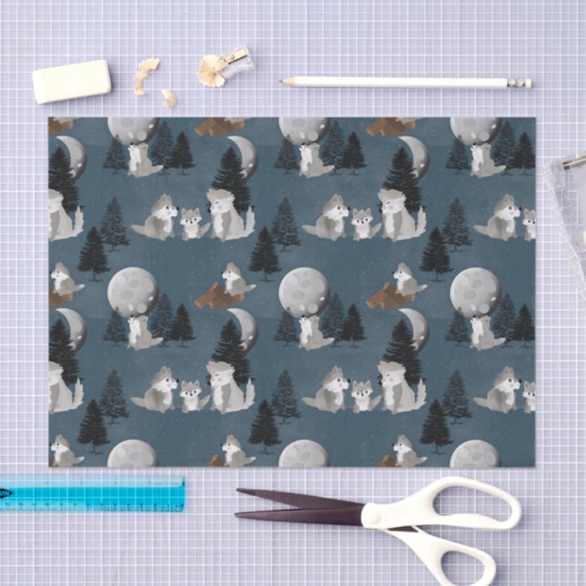 Papel De Seda Cute Wolf Pack Woodland Night Sky Moon (Arte )