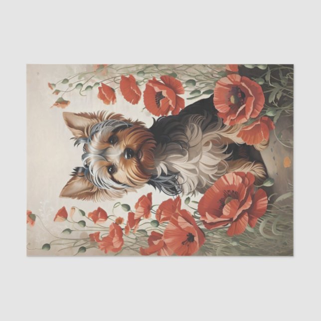 Papel De Seda Cute Yorkshire Terrier Botanical Red Poppies (Frente )