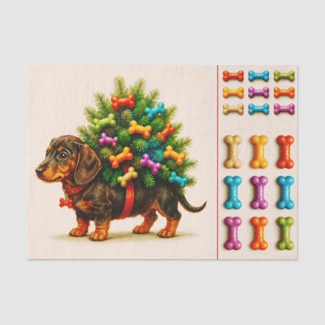 Papel De Seda Dachshund de Natal, Árvore & Ossos FN9L Decoupage (Frente )