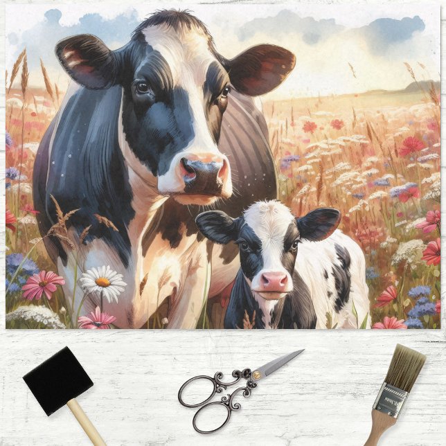 Papel De Seda Dairy Cow e Calf Wildflower Decoupage (Criador carregado)