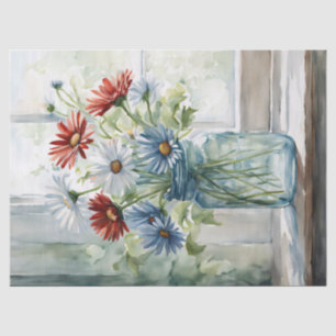 Papel De Seda Daisies Patriotas em uma Aquarela Mason Jar
