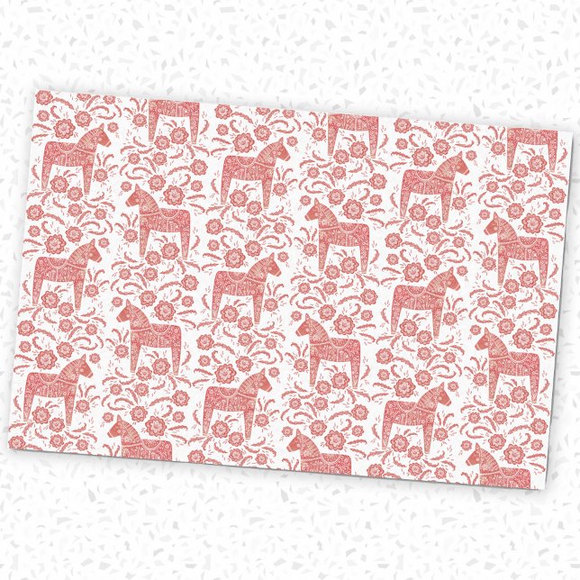 Papel De Seda Dala Horse Red e White Suecos (Red and white Swedish Dala Horse pattern festive tissue paper)