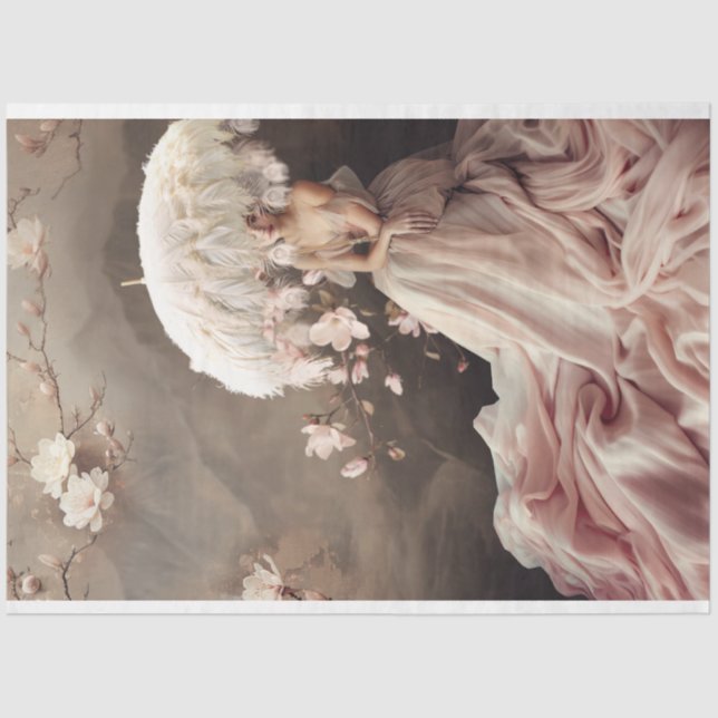 Papel De Seda Dama com guarda-sol emplumado, Flores de Magnólia (Frente )
