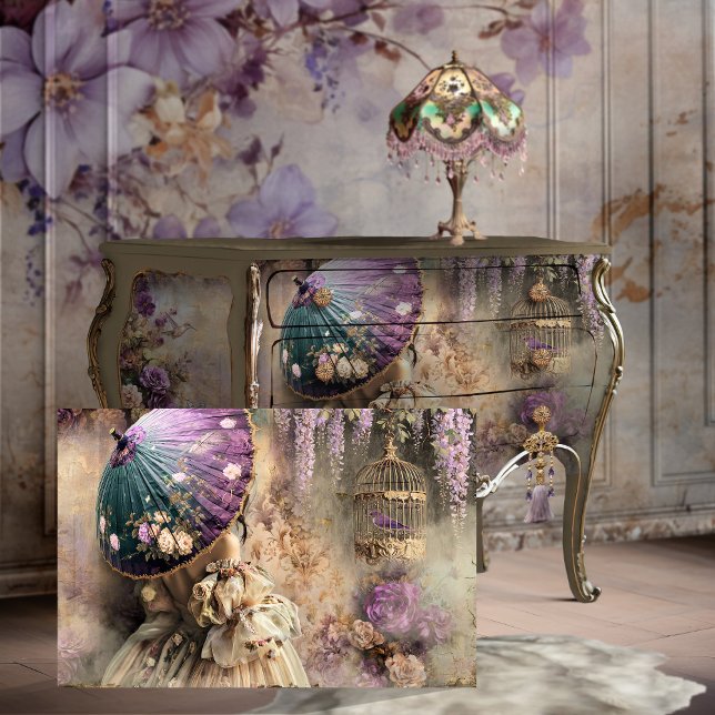 Papel De Seda Dama com guarda-sol, pássaro & gaiola, Floral (Emilia Blooms, A Vintage Garden Affair, Portrait of an elegant lady, birdcage & floral art)