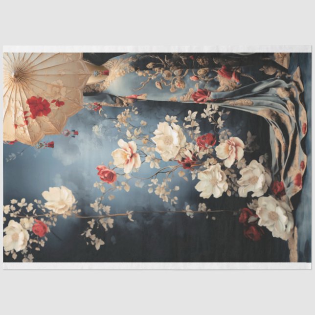 Papel De Seda Dama da Chinoiserie em pé com um guarda-sol Retrat (Frente )