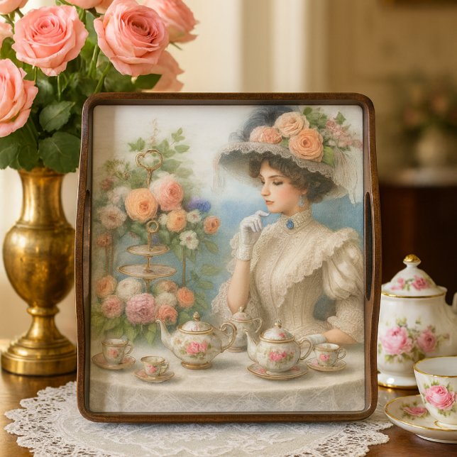Papel De Seda Dama da Elegância Vitoriana no Chá Decoupage (Victorian lady tea tray with roses, decoupaged elegance for romantic vintage table decor.)