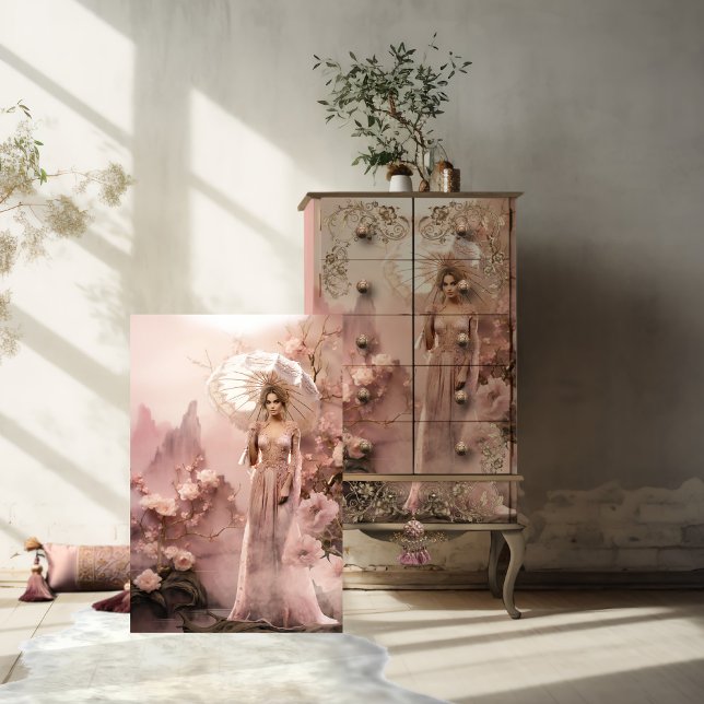 Papel De Seda Dama em Rosa com Guarda-Chuva & Floral (Beautiful Lady holding a parasol, rose pink and beige, ethereal floral, and lace portrait art.)
