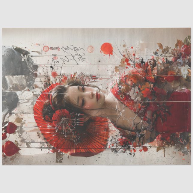Papel De Seda Dama Japonesa em Quimono Vermelho Decoupage (Frente )