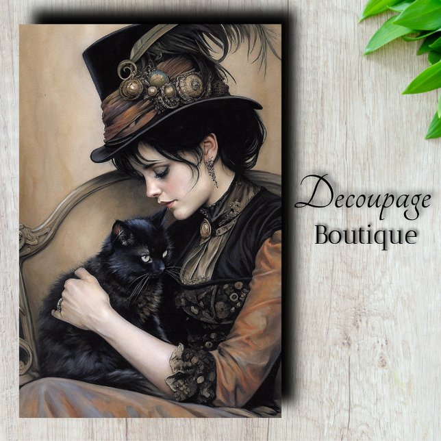 Papel De Seda Dama Steampunk Decoupagem de Gato (Steampunk Lady Cat Decoupage Tissue Paper)