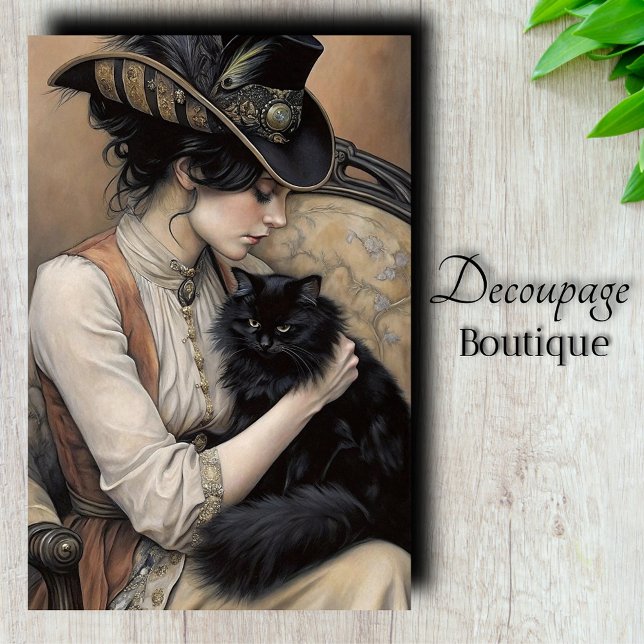Papel De Seda Dama Vitoriana Decoupage de Gata Preta (Victorian Lady Black Cat Decoupage Tissue Paper)