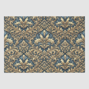 Papel De Seda Damasco Azul com Desconexão de Padrão Dourada