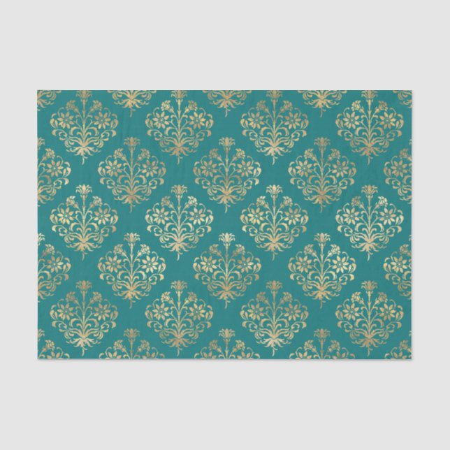 Papel De Seda Damasco Azul e Dourado (Frente )