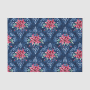 Papel De Seda Damasco Azul Escuro com Flores de Poinsettia Verme