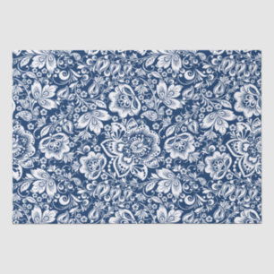 Papel De Seda Damasco branco de vintagem sobre fundo azul-marinh