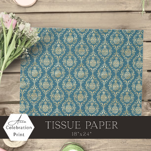 Papel De Seda Damasco de Abacaxi Dourado Azul Verde