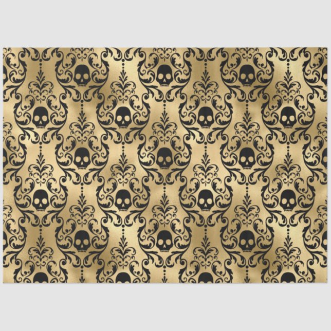 Papel De Seda Damasco de Halloween Preto e Dourado (Frente )