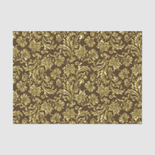 Papel De Seda Damasco Dourado Metálico Castanho E Faux