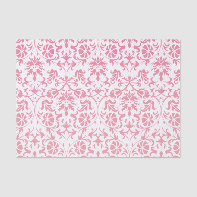 Papel De Seda Damasco Floral Cor-de-Rosa e Branco (Frente )