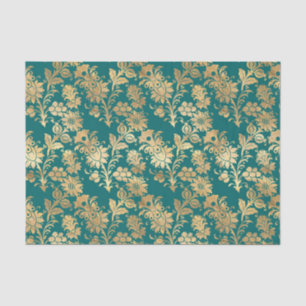 Papel De Seda Damasco Floral de Folha de Azul e Azul