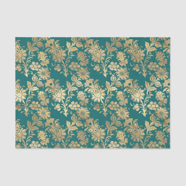 Papel De Seda Damasco Floral de Folha Teal e Dourada (Frente )