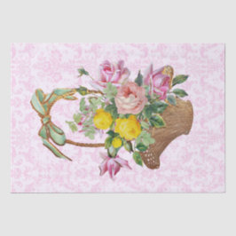 Papel De Seda Damasco Floral e Rosas Cor-de-Rosa em Cesta Artesa