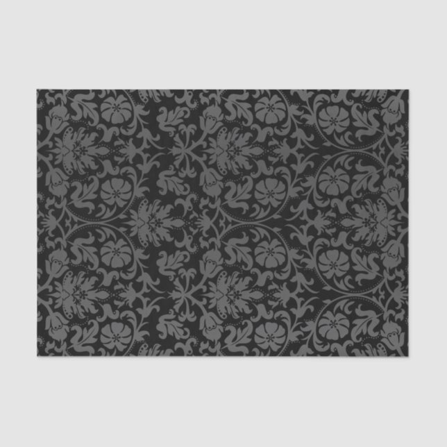 Papel De Seda Damasco Floral Negro e Cinza (Frente )