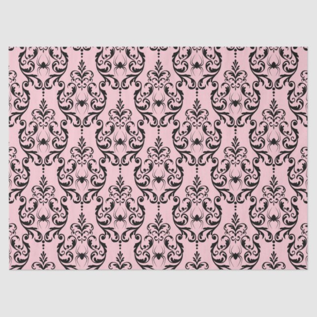 Papel De Seda Damasco rosa e preto com aranhas (Frente )