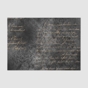 Papel De Seda Damasco Vintage Caligrafia Preto e Dourado