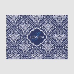 Papel De Seda Damascos florais brancos de Monogramed & fundo