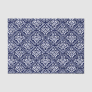 Papel De Seda Damascos Florais Brancos e Fundo Azul